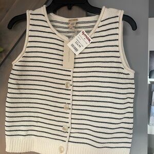Striped Knit Button-Front Sweater Vest - Cream/Black